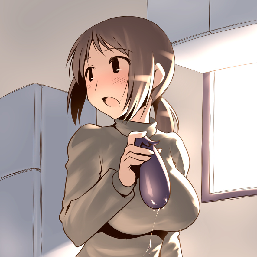 aaaa black_eyes breasts brown_hair eggplant highres large_breasts long_hair open_mouth original ponytail pussy_juice solo sweater