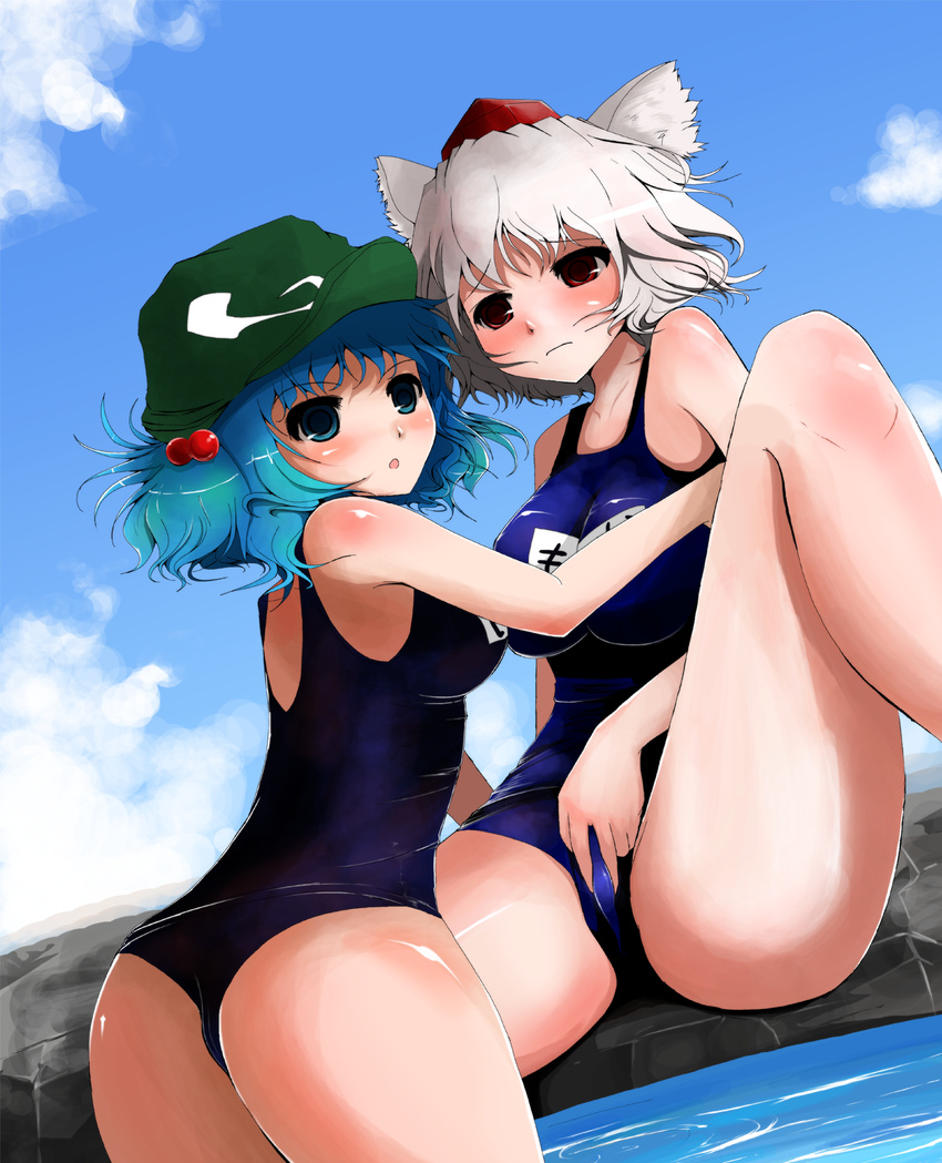 animal_ears arano_oki ass blue_eyes blue_hair blush breasts hair_bobbles hair_ornament hat highres inubashiri_momiji kawashiro_nitori large_breasts multiple_girls one-piece_swimsuit red_eyes school_swimsuit short_hair silver_hair swimsuit tokin_hat touhou twintails two_side_up wolf_ears