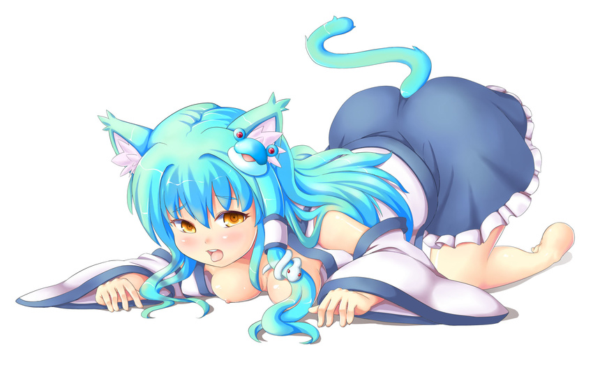 all_fours animal_ears ass bad_id bad_pixiv_id barefoot breasts cat_ears cat_tail detached_sleeves frog full_body green_hair hair_ornament highres kemonomimi_mode kochiya_sanae large_breasts long_hair nipples open_mouth simple_background sipu snake solo tail top-down_bottom-up touhou yellow_eyes