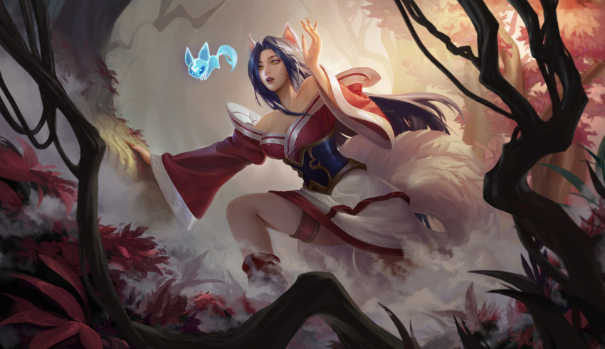 1girl absurdres ahri_(league_of_legends) animal_ears bangs bare_shoulders black_hair branch breasts cleavage detached_sleeves facial_mark fog forest fox_ears fox_tail hand_up highres korean_clothes kumiho large_breasts league_of_legends little_legend long_hair long_sleeves multiple_tails nature orange_eyes outdoors qinhuaiyu_(sihouette) slit_pupils solo tail tree whisker_markings wide_sleeves
