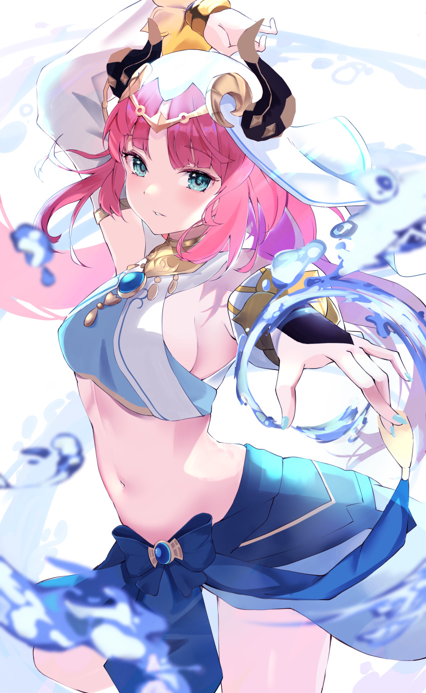 1girl absurdres aqua_eyes arm_up bangs blue_skirt breasts brooch calin circlet cowboy_shot crop_top dancer detached_sleeves genshin_impact harem_outfit highres horns jewelry long_hair long_sleeves looking_at_viewer medium_breasts navel neck_ring nilou_(genshin_impact) outstretched_hand parted_bangs parted_lips puffy_long_sleeves puffy_sleeves red_hair skirt solo stomach thighs twintails veil water