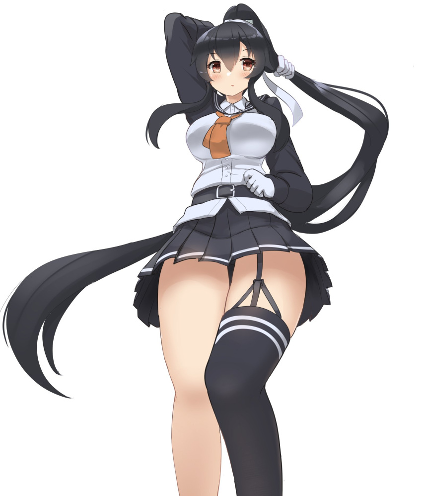 1girl arm_behind_head arm_up belt black_belt black_hair black_sailor_collar black_skirt black_thighhighs from_below garter_straps high_ponytail highres kantai_collection long_hair long_sleeves looking_at_viewer neckerchief orange_neckerchief pleated_skirt red_eyes redundant-cat sailor_collar school_uniform serafuku sidelocks simple_background single_garter_strap single_thighhigh skirt solo thighhighs very_long_hair white_background yahagi_(kancolle) yahagi_kai_ni_(kancolle)