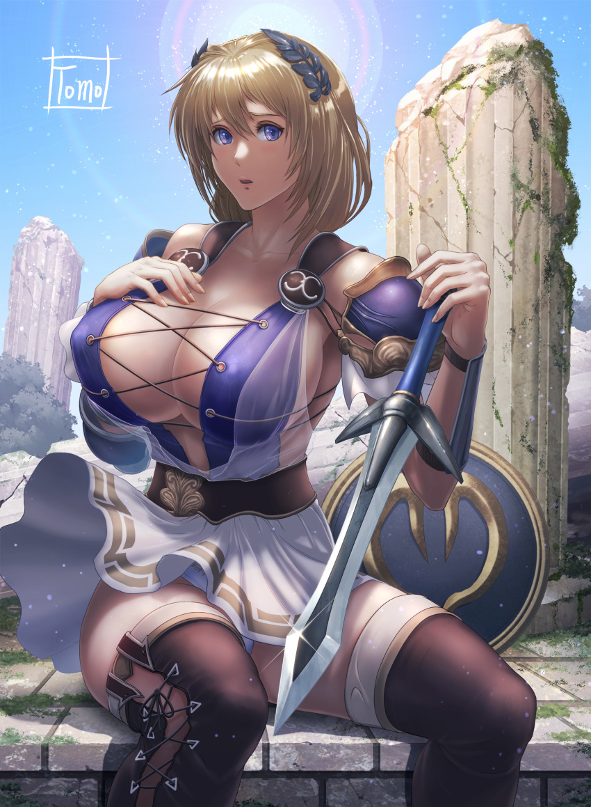 1girl absurdres bangs blonde_hair blue_eyes breasts collarbone cross-laced_clothes cross-laced_footwear day highres large_breasts laurel_crown long_hair looking_at_viewer outdoors parted_lips ruins see-through shield shoulder_pads sitting solo sophitia_alexandra soulcalibur soulcalibur_vi sunlight sword thighhighs tomo_eokaiteru vambraces weapon