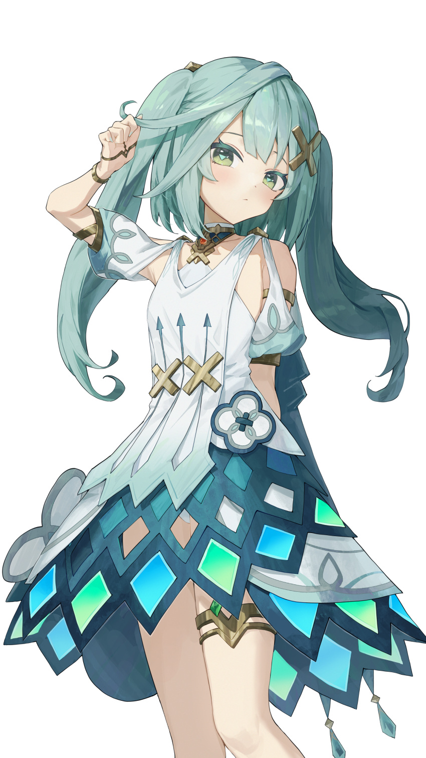 1girl absurdres aqua_hair arm_behind_back arm_up bare_shoulders blush closed_mouth clothing_cutout dot_nose dress faruzan_(genshin_impact) genshin_impact green_eyes green_hair hair_ornament head_tilt highres holding holding_hair jewelry looking_at_viewer neck_ring pellas_(panix2383) short_sleeves shoulder_cutout simple_background skirt_cutout solo standing thighlet thighs twintails white_background white_dress x_hair_ornament