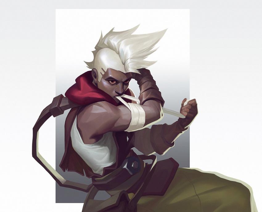 1girl bandaged_arm bandages bangs brown_gloves brown_pants cowboy_shot dark-skinned_male dark_skin ekko_(league_of_legends) fingerless_gloves gloves grey_background grey_shirt highres league_of_legends mohawk mouth_hold pants qinhuaiyu_(sihouette) red_eyes red_scarf scarf shirt sleeveless sleeveless_shirt solo white_background white_hair