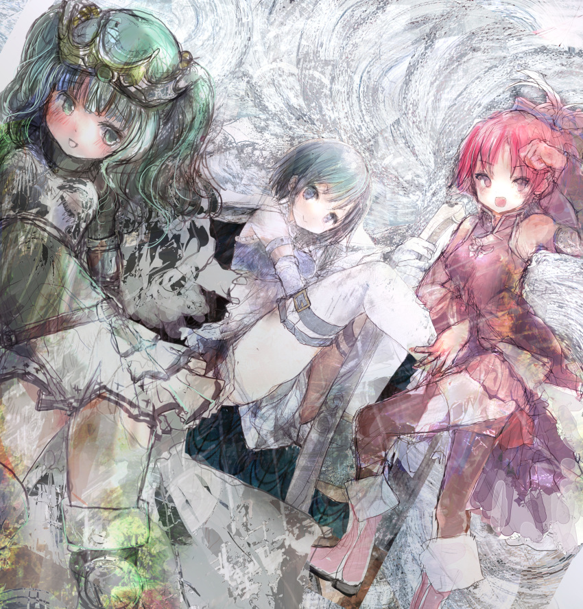 3girls 86thunder :d absurdres aqua_eyes aqua_hair armor armored_boots bangs belt blue_hair blue_shirt blunt_bangs blush boots breastplate brown_belt brown_gloves brown_thighhighs crop_top crown detached_sleeves dress elbow_gloves fold-over_boots frilled_skirt frills futaba_sana gloves green_sweater hand_up highres jewelry knee_pads looking_at_viewer magia_record:_mahou_shoujo_madoka_magica_gaiden magical_girl mahou_shoujo_madoka_magica medium_hair miki_sayaka multiple_girls necklace open_mouth parted_lips pink_footwear red_dress red_hair sakura_kyouko shirt short_hair sidelocks sitting skirt sleeveless sleeveless_dress smile sweater thigh_boots thighhighs thighhighs_under_boots thighs turtleneck turtleneck_sweater twintails veil wavy_hair white_skirt white_thighhighs