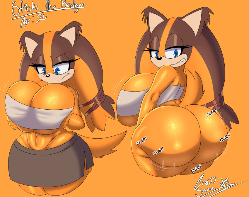 absurd_res anthro ass_clapping badger big_breasts big_butt blue_eyes bottomless bottomwear breasts butt clothed clothing crop_top cross_samax english_text exclamation_point female hand_on_breast hi_res huge_breasts huge_butt mammal mustelid musteline onomatopoeia orange_body sega shirt skirt solo sonic_boom sonic_the_hedgehog_(series) sound_effects sticks_the_jungle_badger text thick_thighs topwear wide_hips