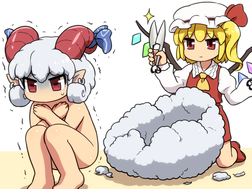 2girls animal_ears bangs blonde_hair bow chibi clothed_female_nude_female completely_nude crossed_arms crystal expressionless flandre_scarlet gloom_(expression) grey_hair hat holding horizontal_pupils horn_bow horn_ornament horns kneeling long_sleeves looking_at_another medium_hair mob_cap multiple_girls nude pointy_ears red_eyes red_horns red_skirt red_vest shears sheep_horns shirosato side_ponytail skirt skirt_set squatting touhou toutetsu_yuuma trembling turn_pale vest wings wool