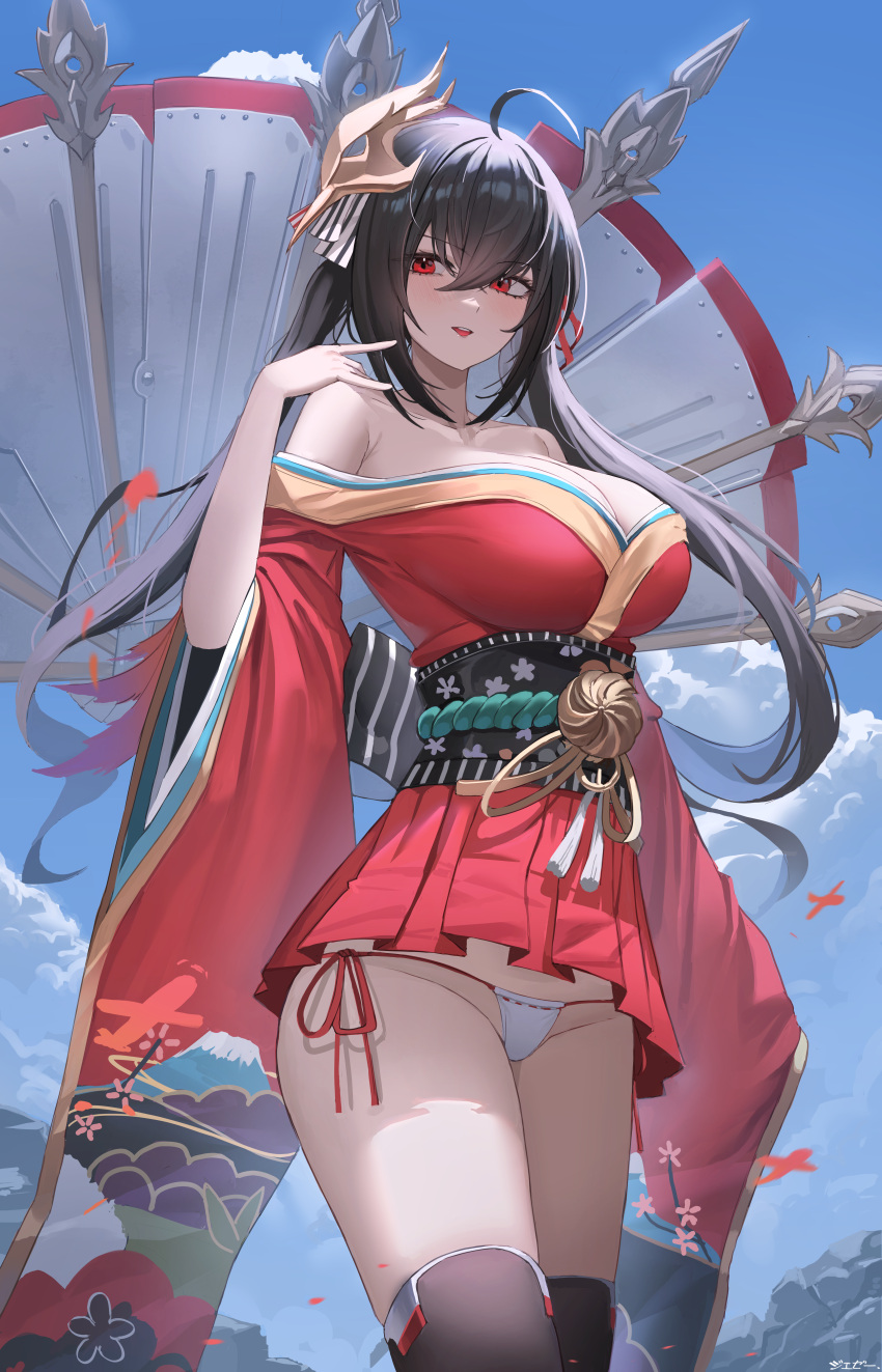 1girl absurdres ahoge artist_name azur_lane bangs bare_shoulders bird_mask black_hair blue_sky breasts cleavage cloud collarbone crossed_bangs day from_below hair_between_eyes hair_ribbon highres huge_breasts japanese_clothes jeze kimono long_hair long_sleeves mask mask_on_head micro_panties narrowed_eyes off_shoulder open_mouth outdoors panties pleated_skirt red_eyes red_kimono ribbon short_kimono side-tie_panties signature skirt sky smile solo string_panties taihou_(azur_lane) teeth thighhighs thighs twintails underwear upper_teeth white_panties wide_sleeves