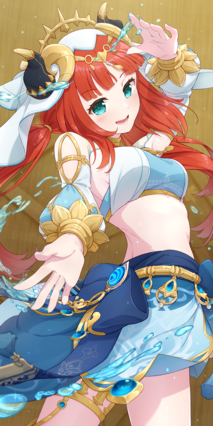 1girl absurdres aqua_eyes arm_up blue_skirt blush breasts circlet clothing_cutout commentary_request crop_top dancer from_side genshin_impact gold_trim harem_outfit highres horns long_hair long_sleeves looking_at_viewer low_twintails medium_breasts midriff nilou_(genshin_impact) open_mouth outstretched_hand puffy_long_sleeves puffy_sleeves red_hair skirt smile solo thighlet thighs twintails veil vision_(genshin_impact) water white_headwear yaaben
