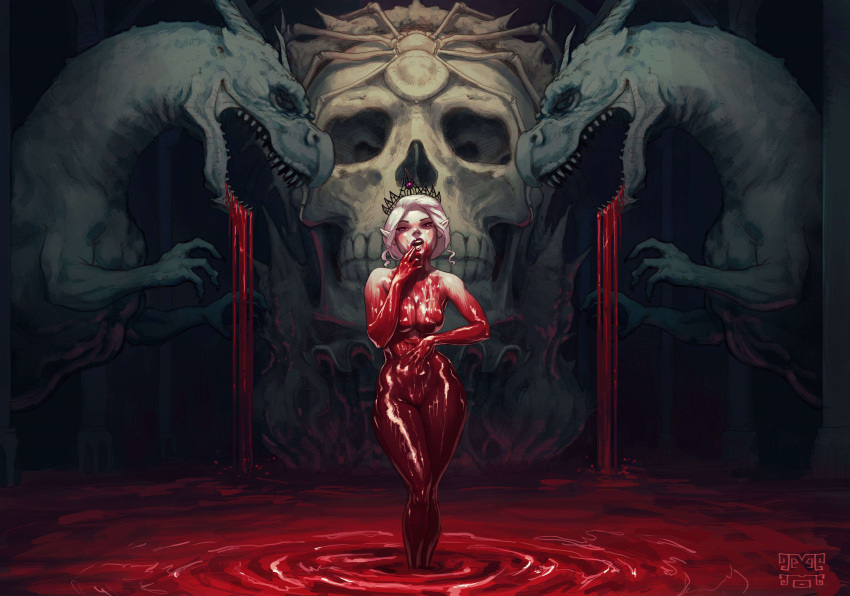 absurd_res blood blood_bath blood_on_face bodily_fluids bone bonete covered_in_blood crown elf female hair hi_res humanoid humanoid_pointy_ears pale_skin purple_eyes queen royalty sculpture shaheera signature skull solo solo_focus statue white_hair