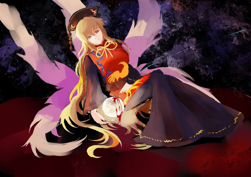 1girl animal_print bangs belt bird_print black_dress black_headwear black_sky blonde_hair blood bow bowtie breasts brown_belt chinese_clothes closed_eyes cloud cloudy_sky commentary_request crescent dress energy falling_star hair_between_eyes hat junko_(touhou) legacy_of_lunatic_kingdom liyunfeng96 long_hair long_sleeves looking_to_the_side mandarin_collar medium_breasts moon night night_sky phoenix_crown phoenix_print pom_pom_(clothes) red_eyes red_tabard sitting sky smile solo space star_(sky) starry_sky tabard touhou wide_sleeves yellow_bow yellow_bowtie