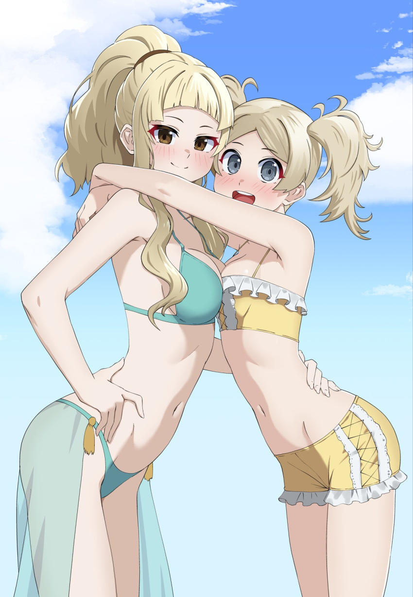 2girls :d alternate_costume asymmetrical_docking bangs bikini bikini_shorts blonde_hair blue_bikini blue_eyes blue_sarong blue_sky blunt_bangs blush breast_press breasts brown_eyes clair_(fire_emblem) cleavage cloud commentary fire_emblem fire_emblem_awakening frilled_shorts frills from_side groin hand_on_another's_back hand_on_own_thigh high_ponytail highres hug leaning_forward lissa_(fire_emblem) long_hair looking_at_viewer medium_breasts multiple_girls navel oppaihobby outdoors parted_bangs sarong see-through_sarong shorts sidelocks sky small_breasts smile standing swimsuit tassel twintails yellow_bikini yellow_shorts