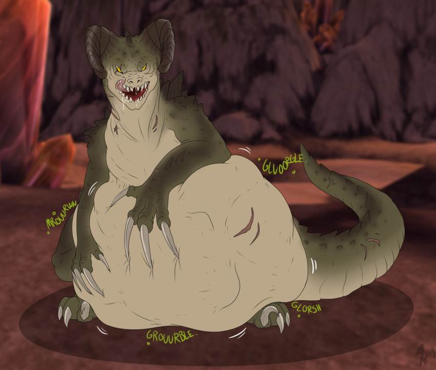 abdominal_bulge anthro belly bethesda_softworks big_belly bodily_fluids claws deathclaw digestion digestion_noises drooling fallout hand_on_stomach horn licking licking_lips lizard male pippuri reptile saliva same_size_vore scalie sharp_teeth stomach_nises teeth tongue tongue_out video_games vore yellow_eyes