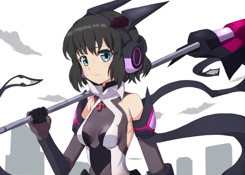 1girl black_gloves black_hair bodysuit breasts closed_mouth detached_sleeves elbow_gloves gloves grey_eyes headgear headphones highres holding holding_polearm holding_weapon kohinata_miku looking_at_viewer medium_hair polearm senki_zesshou_symphogear sidelocks small_breasts spear suzunarisakuya weapon