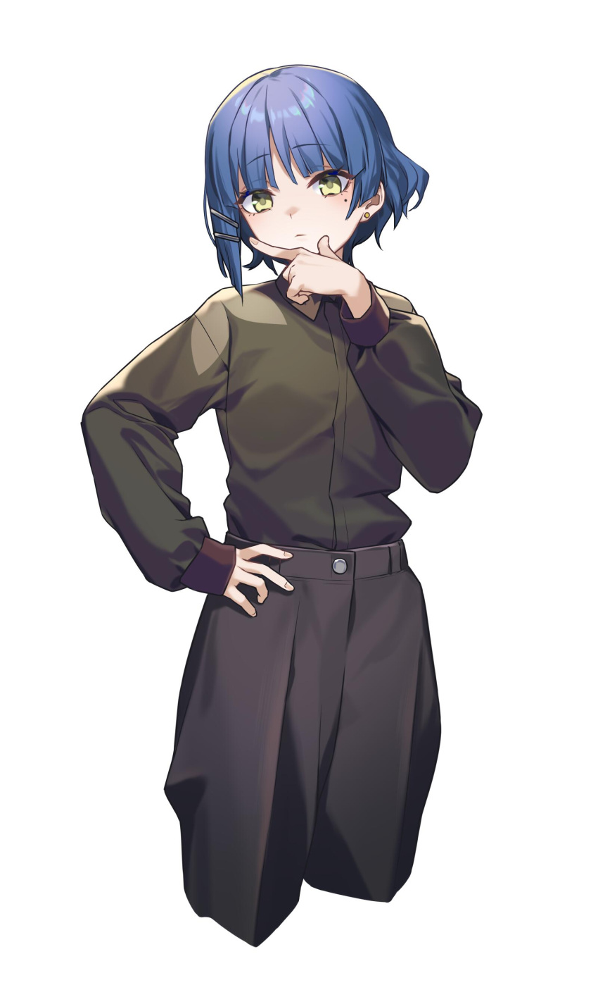 1girl absurdres black_pants black_shirt blue_hair bocchi_the_rock! collared_shirt cowboy_shot cropped_legs hair_ornament hairclip highres long_sleeves looking_at_viewer mole mole_under_eye pants puffy_long_sleeves puffy_sleeves shirt shirt_tucked_in short_hair simple_background solo thinking white_background yamada_ryou yitiao_er-hua