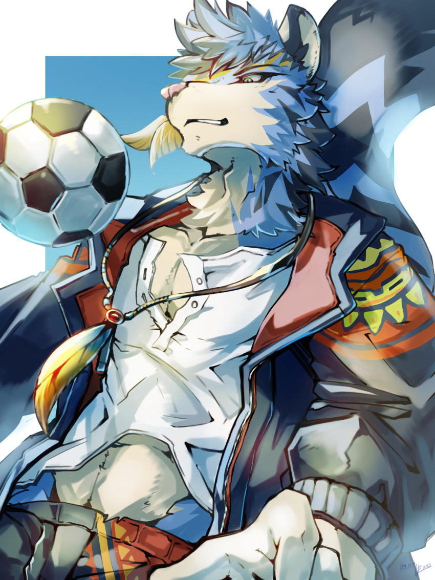 1boy absurdres animal_ears animal_nose ball blue_background blue_fur border commentary_request feather_necklace furry furry_male green_eyes highres ixbalanque_(housamo) jacket jaguar_boy jaguar_ears jaguar_tail jewelry male_focus midriff_peek necklace outside_border parted_lips shimazanbagu shirt short_hair smile snout soccer_ball solo tail tokyo_afterschool_summoners upper_body white_border white_shirt