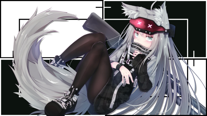 1girl animal_ears asymmetrical_sleeves black_pantyhose commission covered_mouth dress full_body grey_hair gun highres long_hair long_sleeves looking_at_viewer pantyhose rifle shoes skeb_commission sleeves_past_elbows su_ha_ya sweater sweater_dress tail very_long_hair vrchat weapon wolf_ears wolf_girl wolf_tail