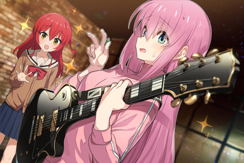 2girls :d absurdres bangs blue_eyes blue_skirt blush bocchi_the_rock! bow bowtie brown_cardigan cardigan electric_guitar gibson_les_paul gotou_hitori green322 guitar highres holding holding_instrument holding_plectrum indoors instrument jacket kita_ikuyo long_hair looking_at_viewer multiple_girls music one_side_up open_mouth pink_hair pink_jacket playing_instrument pleated_skirt plectrum red_bow red_bowtie red_hair sailor_collar school_uniform skirt smile sparkle sweat track_jacket v white_sailor_collar yellow_eyes