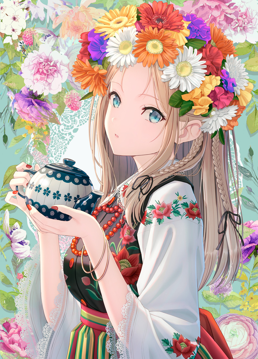 1girl black_flower blue_eyes braid brown_flower commentary_request floral_background flower forehead hair_flower hair_ornament hair_ribbon hands_up highres holding hyuuga_azuri lace-trimmed_sleeves lace_trim light_brown_hair long_hair long_sleeves looking_at_viewer original parted_lips purple_flower red_flower ribbon solo white_flower wide_sleeves yellow_flower