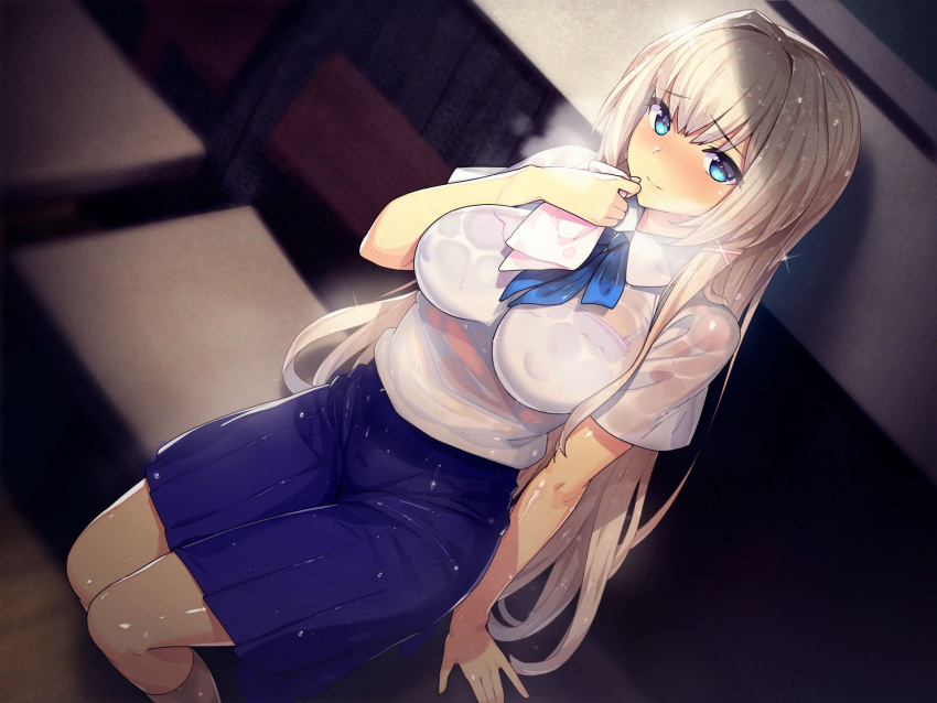 1girl bangs blue_eyes blue_skirt blush breasts closed_mouth dutch_angle hair_ornament hand_up highres indoors kneehighs large_breasts long_hair looking_at_viewer munashi_mujou original see-through see-through_shirt shirt short_sleeves skirt smile socks solo very_long_hair wet wet_clothes wet_hair wet_shirt wet_skirt white_hair white_haired_girl_(munashi_mujou) white_shirt white_socks x_hair_ornament