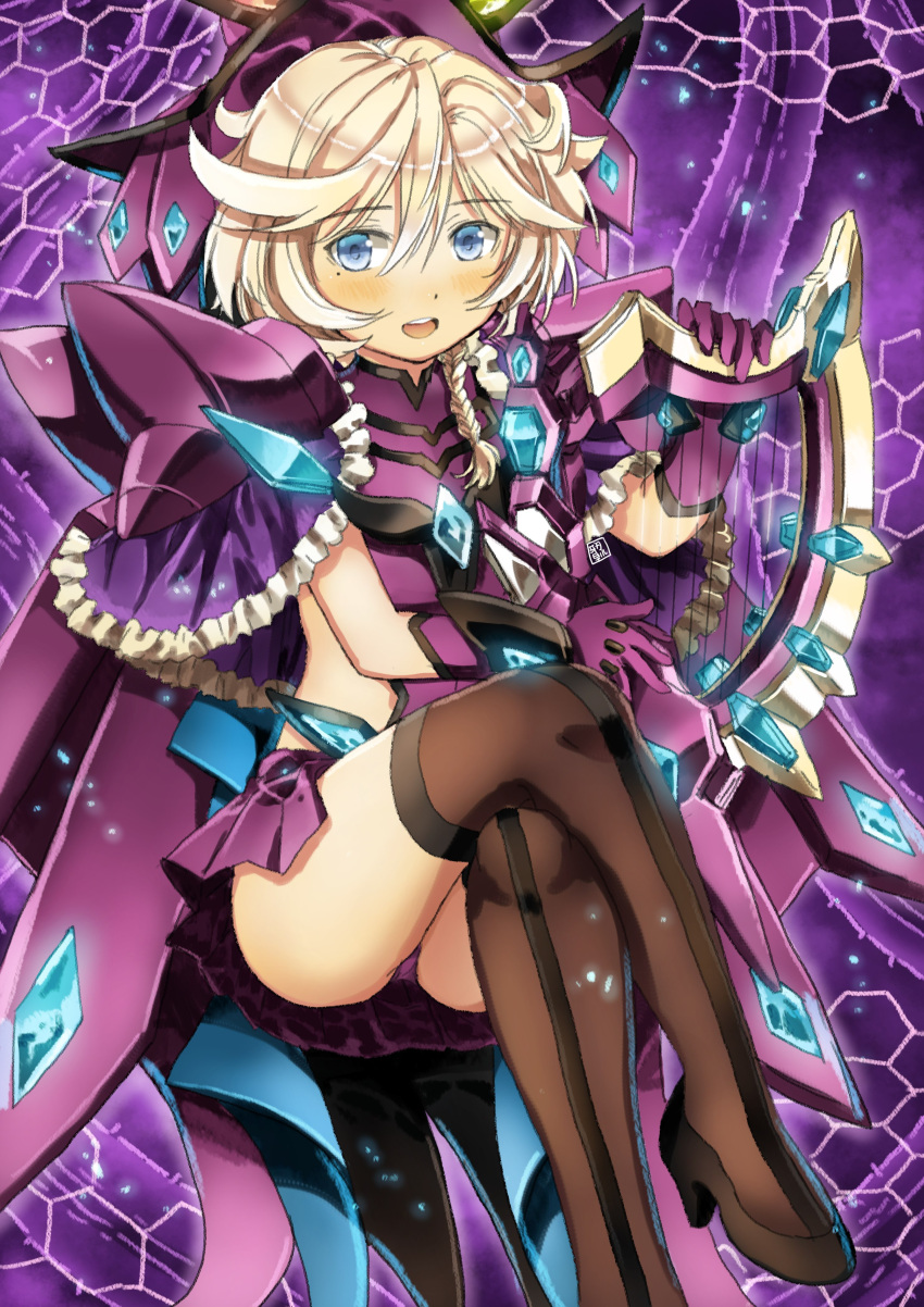 1girl absurdres black_footwear black_thighhighs blonde_hair blue_eyes braid breasts capelet crossed_legs dress elfnein garimpeiro hat high_heels highres holding holding_instrument instrument looking_at_viewer lute_(instrument) open_mouth panties purple_background purple_capelet purple_dress purple_headwear purple_panties senki_zesshou_symphogear senki_zesshou_symphogear_xv side_braid sitting small_breasts solo thighhighs underwear witch_hat