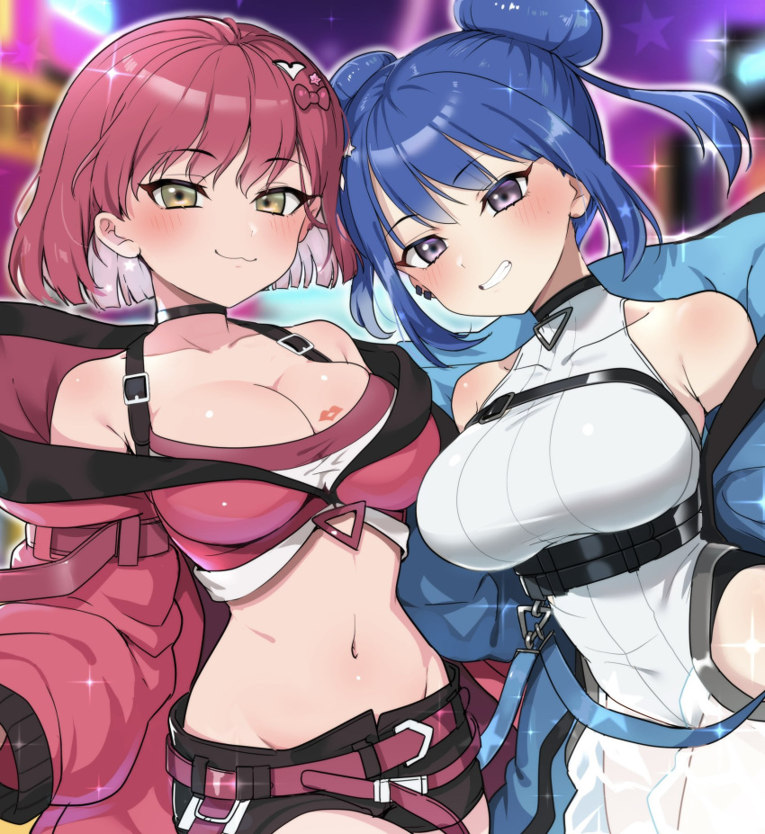 2girls bike_shorts blue_hair breasts cleavage cropped_vest duel_monster evil_twin_ki-sikil evil_twin_lil-la eyelashes fingernails grin hands_on_another's_hips highres jacket ki-sikil_(yu-gi-oh!) large_breasts lil-la_(yu-gi-oh!) lipstick lipstick_mark live_twin_ki-sikil live_twin_lil-la looking_at_viewer makeup multiple_girls ransusan red_hair short_hair smile teeth vest yu-gi-oh! yuri