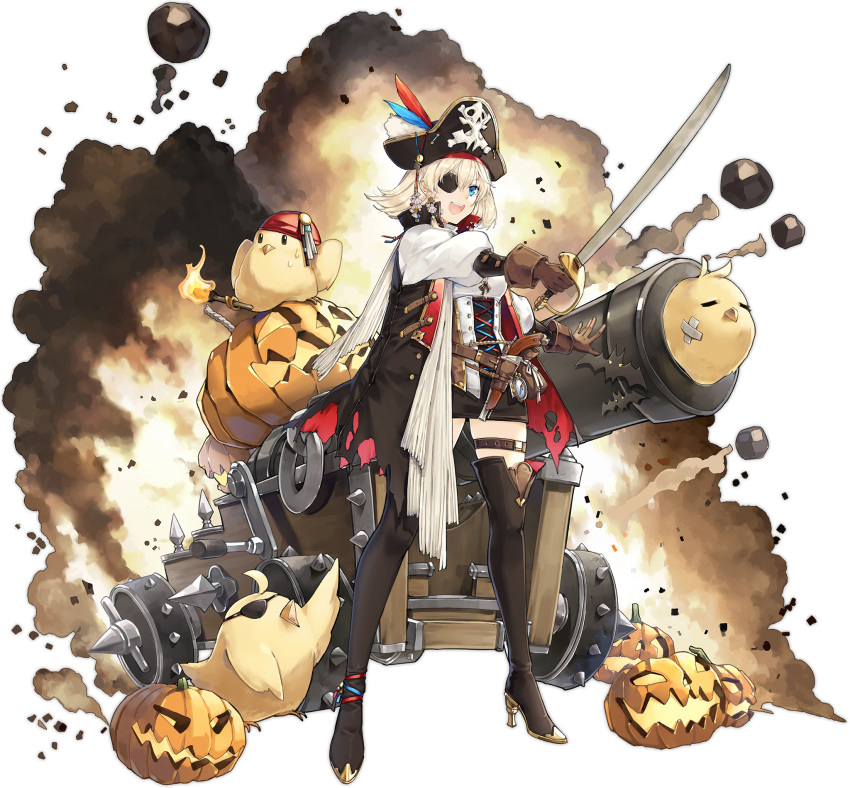 1girl animal artist_request azur_lane bangs belt blonde_hair blue_eyes boots breasts cannon coat earrings explosion eyepatch fire full_body gloves gold_trim hat high_heel_boots high_heels highres holding holding_sword holding_weapon jack-o'-lantern jewelry looking_at_viewer manjuu_(azur_lane) official_art oklahoma_(azur_lane) oklahoma_(piratey_transformation!)_(azur_lane) open_clothes open_mouth pirate pirate_costume pirate_hat shiny shiny_hair short_hair simple_background skirt small_breasts smile sword teeth thigh_boots thigh_strap torn_clothes upper_teeth weapon zettai_ryouiki
