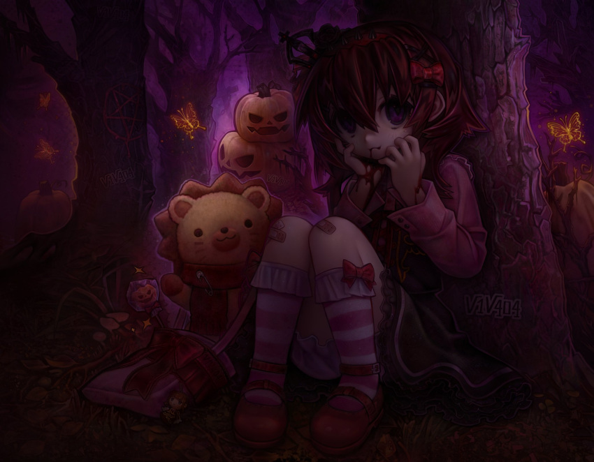 1girl bandaid bandaid_on_knee bandaid_on_leg bangs beatrice_(umineko) blood blood_on_face blood_on_hands bloomers bow brown_hair bug butterfly candy crown dark dress food forest frilled_socks frills hair_bow halloween headband highres long_sleeves looking_at_viewer mushroom nature pentagram pumpkin purple_eyes red_footwear sakutarou_(umineko) sitting smile socks stuffed_animal stuffed_lion stuffed_toy umineko_no_naku_koro_ni underwear ushiromiya_maria v1v404 white_bloomers