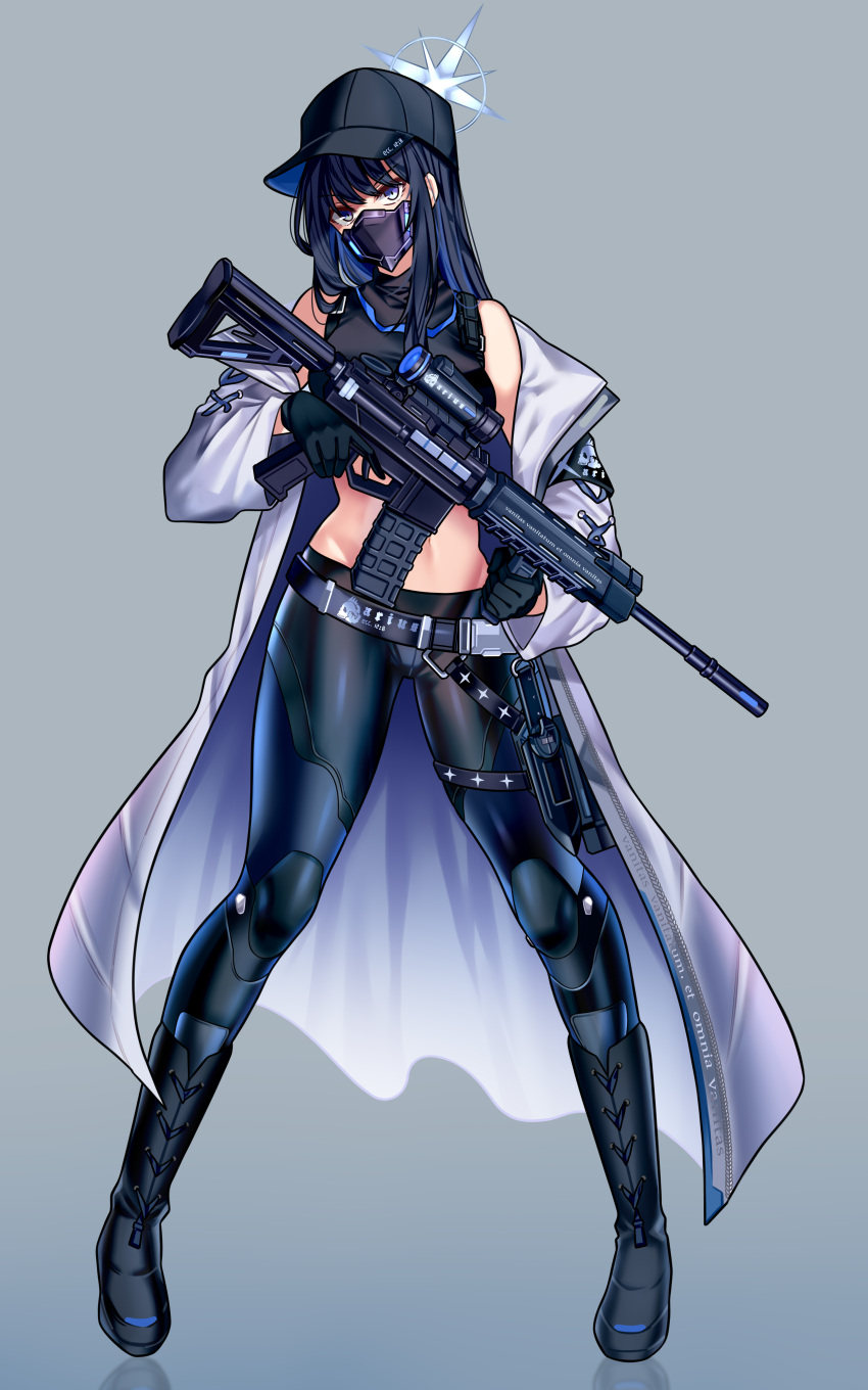 1girl absurdres armband assault_rifle bare_shoulders baseball_cap black_gloves black_hair black_headwear black_pants black_shirt blue_archive blue_eyes boots coat commission commissioner_upload crop_top cross-laced_footwear foregrip full_body gloves gun hat highres knife_holster lace-up_boots long_hair looking_at_viewer mask midriff mouth_mask off_shoulder pants rifle saori_(blue_archive) scope shirt sleeveless sleeveless_shirt solo standing stomach weapon white_coat yuutama2804