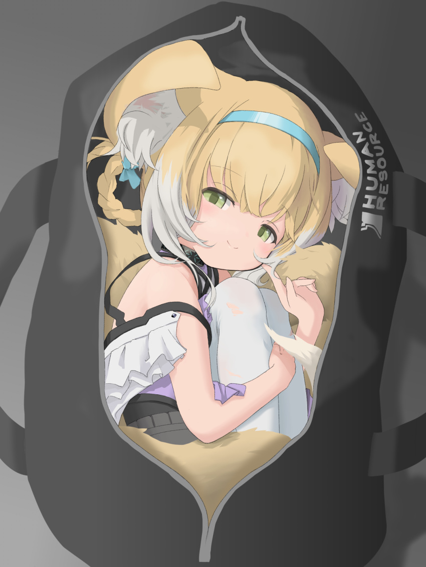 1girl animal_ear_fluff animal_ears aqua_hairband arknights bag bangs blonde_hair blue_hairband blue_ribbon blush commentary_request duffel_bag fetal_position fie_in_b86 finger_to_cheek fox_ears fox_girl fox_tail gradient_hair green_eyes hair_between_eyes hair_ornament hair_ribbon hair_rings hairband highres in_bag in_container index_finger_raised infection_monitor_(arknights) looking_at_viewer multicolored_hair multiple_tails pantyhose pleated_skirt pleated_sleeves purple_skirt recruitment_bag_(arknights) ribbon simple_background skirt smile solo suzuran_(arknights) tail torn_clothes torn_legwear two-tone_hair white_pantyhose