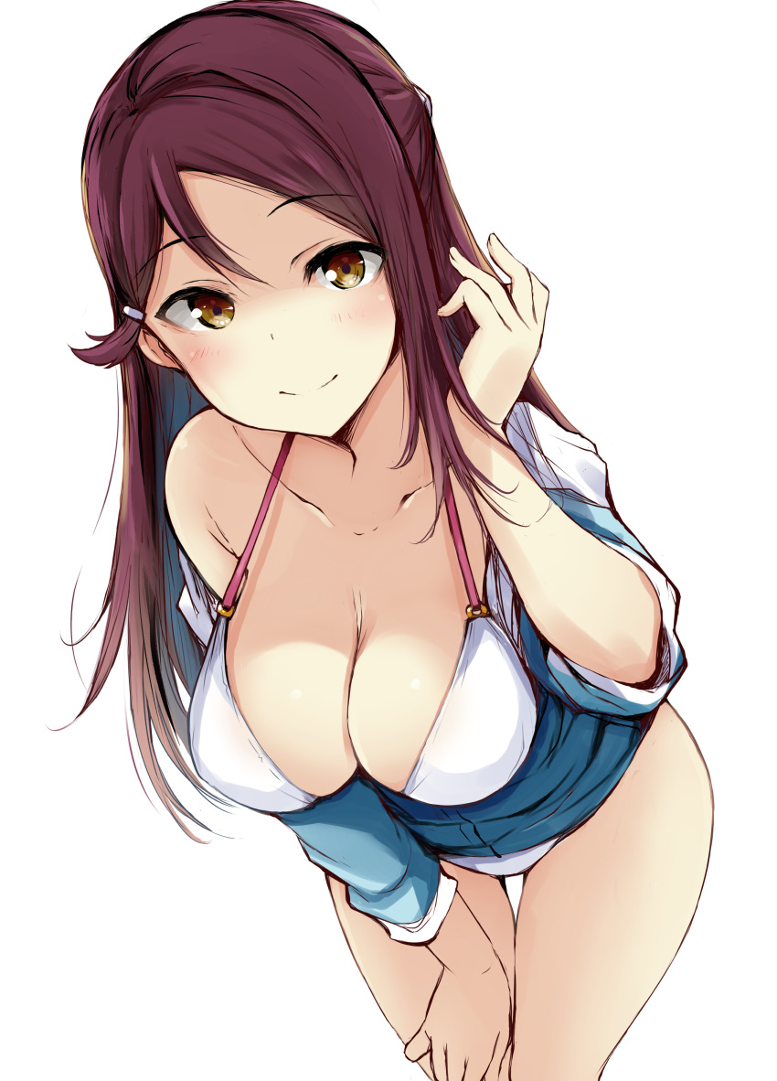 absurdres bikini breasts cleavage gengoroh highres large_breasts looking_at_viewer love_live! love_live!_sunshine!! red_hair sakurauchi_riko swimsuit white_bikini yellow_eyes