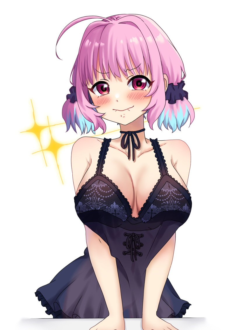 1girl ahoge anger_vein armpit_crease bangs bare_arms bare_shoulders black_babydoll black_choker blue_hair blush breasts chikinfireo choker collarbone colored_inner_hair doyagao frilled_babydoll frown glint hair_intakes hand_on_table highres huge_breasts idolmaster idolmaster_cinderella_girls idolmaster_cinderella_girls_starlight_stage lace-trimmed_babydoll lace_trim light_blue_hair lingerie looking_at_viewer multicolored_hair pink_eyes pink_hair short_twintails simple_background smug solo twintails two-tone_hair underwear white_background yumemi_riamu