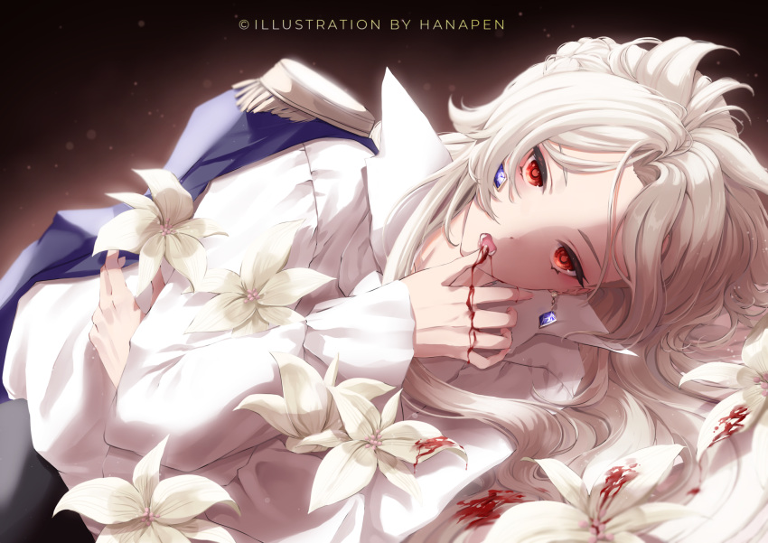 1boy albedo_(genshin_impact) alternate_eye_color artist_name bangs blonde_hair blood blue_jacket blush braid collared_shirt commentary earrings english_commentary epaulettes eyelashes flower frilled_sleeves frills genshin_impact hanapen hand_up high_collar highres jacket jacket_on_shoulders jewelry long_hair long_sleeves looking_at_viewer lying male_focus mixed-language_commentary on_side open_mouth parted_bangs red_eyes shirt sidelocks solo vampire watermark white_flower white_shirt