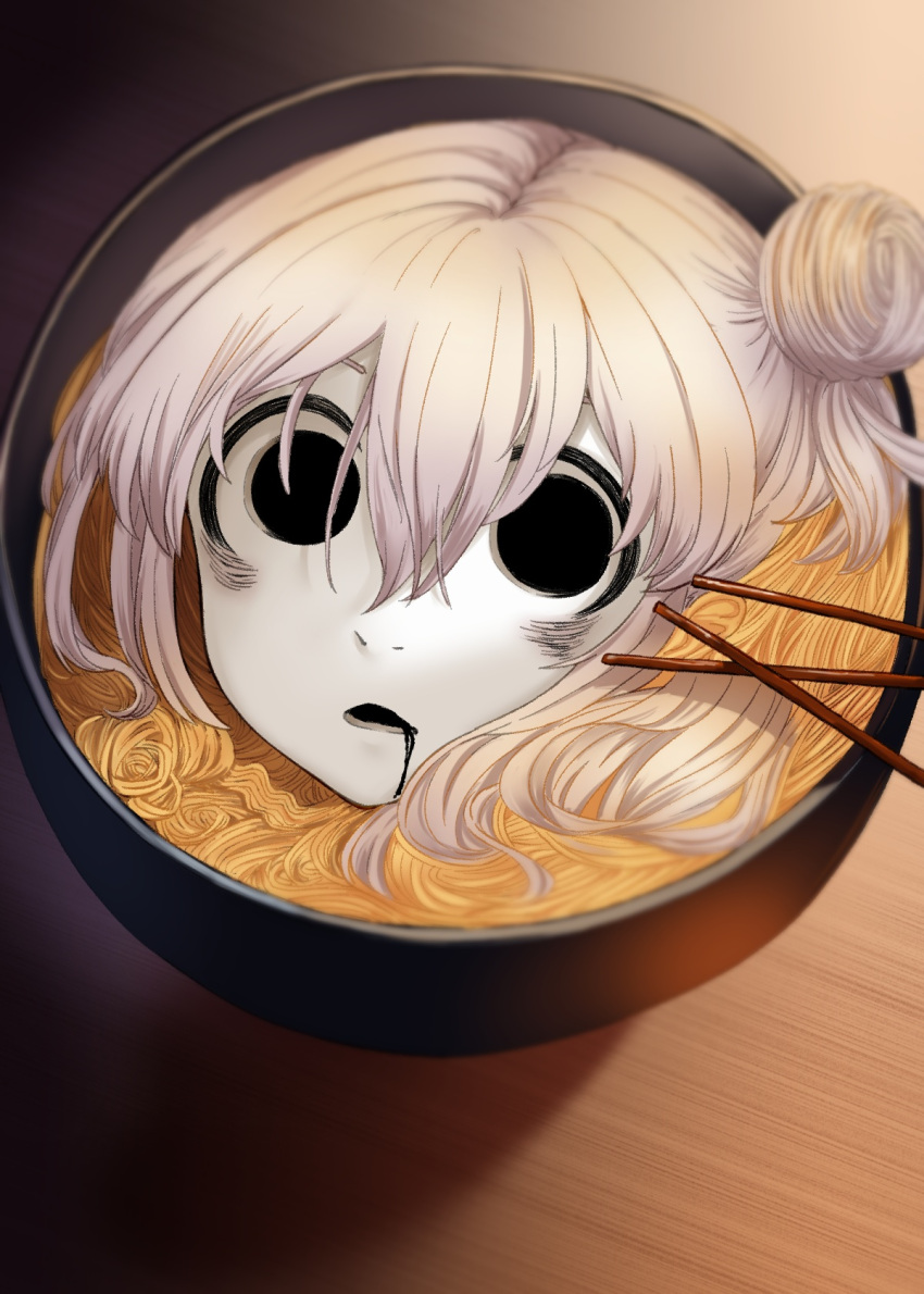 4shi ai_drawing_anime_characters_eating_ramen_(meme) blank_eyes blank_stare bowl colored_skin dango-chan_(4shi) drooling food hair_bun hair_in_food highres looking_at_viewer meme noodles open_mouth original pink_hair ramen short_hair soup staring sticks table white_skin wooden_table