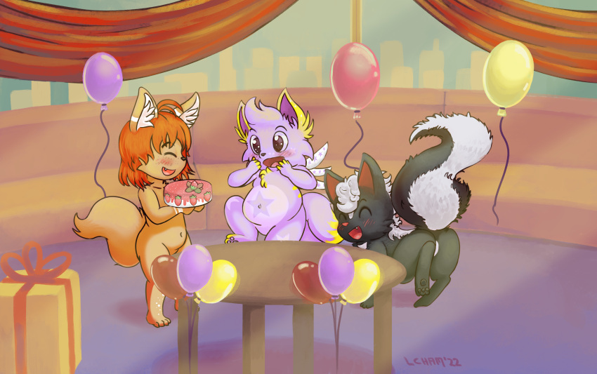 absurd_res anthro balloon birthday candle canid canine exadian female feral fox group grouped hi_res horn inflatable janus_zephyrine laincham male mammal mephitid miya skunk skurry_(coolperez8) star swift_fox trio wings