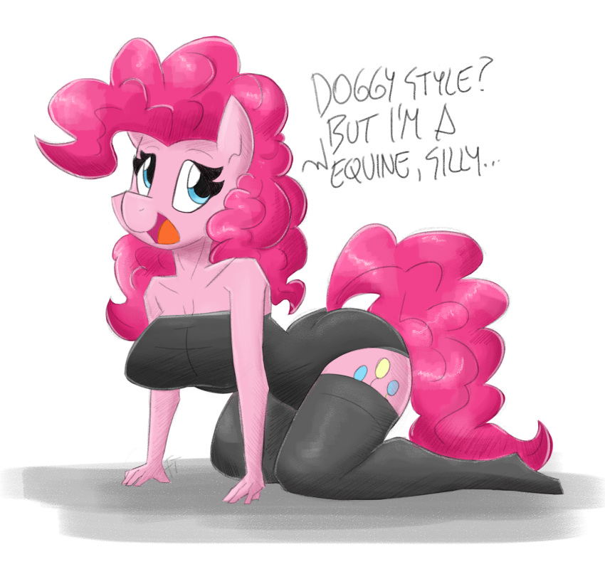 5_fingers all_fours anthro blue_eyes breasts butt clothing cutie_mark dialogue digital_media_(artwork) earth_pony english_text equid equine female fingers flutterthrash friendship_is_magic hair hasbro hi_res horse kneeling legwear long_hair mammal my_little_pony open_mouth open_smile pink_body pink_hair pink_tail pinkie_pie_(mlp) pony simple_background smile solo stockings text white_background