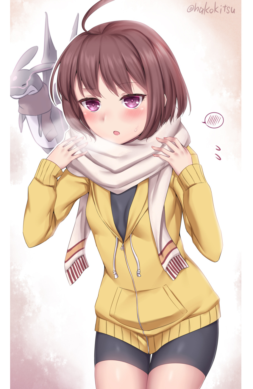 1girl 1other ahoge bike_shorts blush brown_hair dragon highres kuu_(under_night_in-birth) linne open_mouth purple_eyes scarf short_hair soukitsu sweatdrop sweater twitter_username under_night_in-birth yellow_sweater