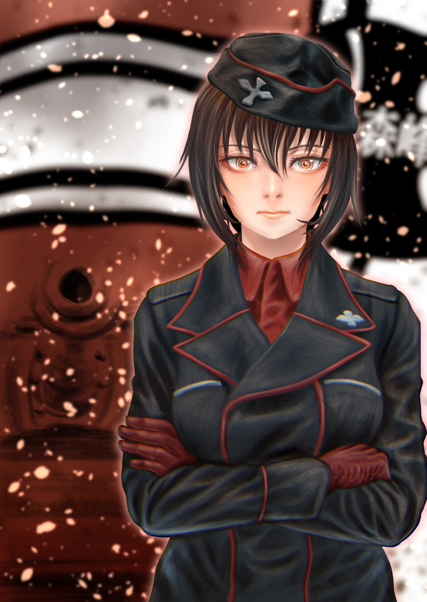 1girl bangs black_headwear black_jacket brown_eyes brown_gloves brown_hair closed_mouth commentary_request dress_shirt emblem garrison_cap girls_und_panzer gloves ground_vehicle hat highres insignia jacket kuromorimine_(emblem) kuromorimine_military_uniform long_sleeves looking_at_viewer military military_hat military_uniform military_vehicle motor_vehicle nishizumi_maho partial_commentary red_shirt shirt short_hair snowing solo tank tiger_i tigern_(tigern28502735) tilted_headwear uniform upper_body wing_collar