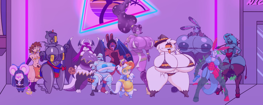 absurd_res anthro big_breasts black_body blue_body breasts clothing costume demon_costume dewott esmeralda_(riku9797) female generation_5_pokemon girly group halloween hi_res holidays lagomorph leporid lutrine male mammal mouse mummy_costume murid murine mustelid nintendo pink_body pokemon pokemon_(species) rabbit rodent unknown_artist video_games white_body wings