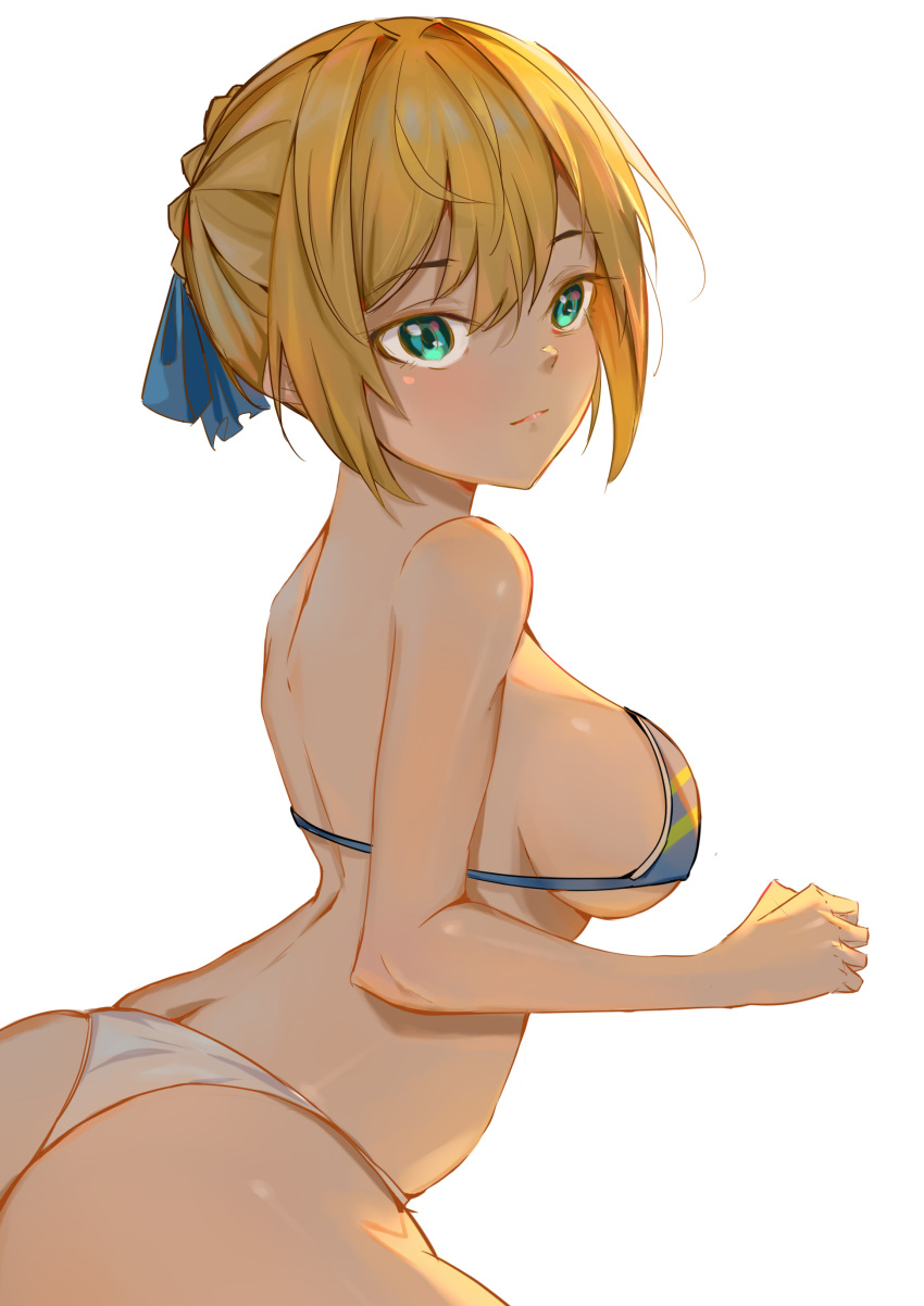1girl absurdres ahoge artoria_pendragon_(fate) bare_arms bare_shoulders bikini blonde_hair blue_ribbon blush braid breasts closed_mouth commentary_request cowboy_shot fate/grand_order fate_(series) from_side green_eyes hair_between_eyes highres looking_at_viewer medium_breasts ribbon saber shiny shiny_skin short_hair sideboob sidelocks simple_background solo soranoki swimsuit thong_bikini white_background