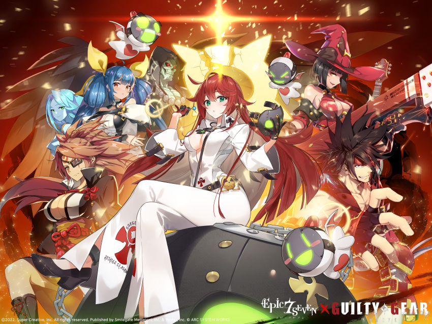 1boy 4girls absurdres ankh ankh_necklace ankh_print artist_request baiken ball_and_chain_restraint bangs bare_shoulders belt black_hair blue_hair blush bodysuit breasts broken_halo brown_hair candy cleavage collarbone company_name copyright_name crossed_legs dizzy_(guilty_gear) epic_seven eyepatch facial_mark fingerless_gloves floating floating_object food full_body gloves guilty_gear guilty_gear_strive guilty_gear_xrd halo hat headband highres holding i-no jack-o'_valentine japanese_clothes knight_servant large_breasts lipstick logo lollipop long_hair long_sleeves looking_at_viewer makeup mask mole multicolored_hair multiple_girls necro_(guilty_gear) obi official_art pink_eyes pink_hair red_eyes red_hair sash shiny shiny_hair shoes simple_background sitting skin_tight smile sol_badguy twintails two-tone_hair undine_(guilty_gear) white_bodysuit white_hair wings witch_hat