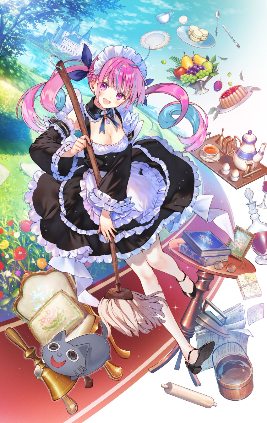 1girl absurdres ahoge alcohol animal apron aquarium_(visual_novel) bangs black_dress black_footwear blue_hair blue_sky blush book bottle breasts bucket cake castle cat chair cleavage cloud cloudy_sky commentary cup day detached_sleeves dress drill_hair fingernails flower food frilled_skirt frills fruit full_body gem glass_bottle glasses grass hanekoto highres holding hololive jewelry long_hair looking_at_viewer maid maid_headdress medium_breasts minato_aqua mop multicolored_hair nail_polish neko_(minato_aqua) official_art open_mouth outdoors pantyhose paper purple_eyes purple_hair ribbon shiny shiny_hair shoes short_dress simple_background skirt sky sleeveless smile spark spoon table teacup teapot tray tree twintails two-tone_hair waist_apron water wine wine_bottle wooden_bucket