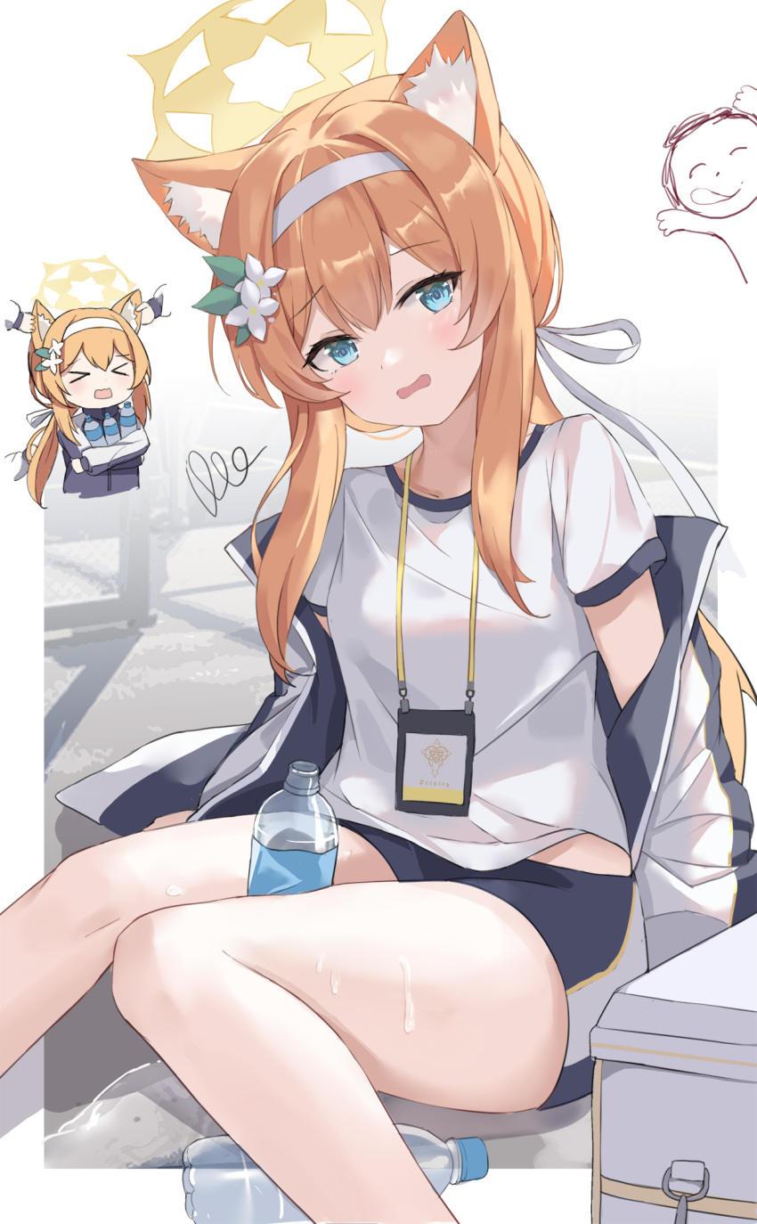 1girl animal_ear_fluff blue_archive blue_eyes blush bottle flower gym_shorts gym_uniform hair_flower hair_ornament hair_ribbon hairband halo headband highres holding holding_bottle id_card jacket jersey long_hair looking_at_viewer mari_(blue_archive) mari_(gym_uniform)_(blue_archive) multicolored_clothes multicolored_jacket official_alternate_costume open_clothes open_jacket open_mouth orange_hair plastic_bottle ribbon serika shorts simple_background track_jacket track_suit two-tone_jacket water_bottle white_bag white_hairband white_headband