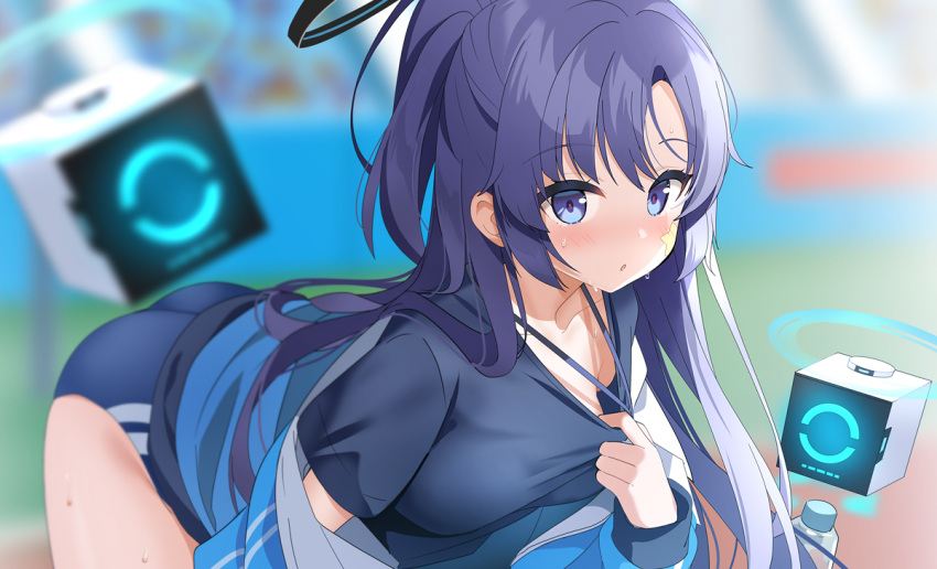 black_shirt blue_archive blue_buruma bottle buruma gym_uniform halo jacket kurot lanyard official_alternate_costume ponytail purple_eyes purple_hair shirt sportswear star_(symbol) sticker sticker_on_face sweat track_jacket water_bottle yuuka_(blue_archive) yuuka_(gym_uniform)_(blue_archive)