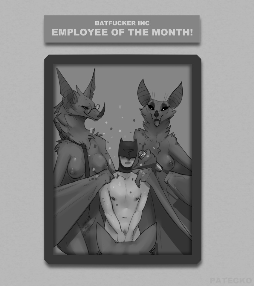 2022 anon anthro biped breasts chiropteran covering covering_crotch digital_media_(artwork) employee_of_the_month english_text faceless_character faceless_human faceless_male female genitals greyscale group hi_res human human_on_anthro interspecies larger_anthro larger_female male male/female mammal mask membrane_(anatomy) membranous_wings monochrome neck_tuft nipples open_mouth open_smile patecko pussy size_difference smaller_human smaller_male smile text tuft winged_arms wings