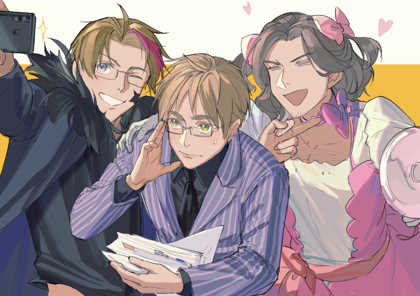 3boys =_= adjusting_eyewear america_(hetalia) axis_powers_hetalia bespectacled black_necktie black_shirt blonde_hair blue_eyes bow chest_hair coat collarbone crossdressing facial_hair formal france_(hetalia) fur-trimmed_coat fur_trim glasses green_eyes grin heart highres holding holding_megaphone holding_paper holding_phone magical_boy male_focus medium_hair megaphone middle_finger multicolored_hair multiple_boys necktie nervous official_alternate_costume one_eye_closed paper pectoral_cleavage pectorals phone pink_bow pink_hair selfie shirt smile striped_suit stubble suit sweatdrop twintails two-tone_hair two_side_up united_kingdom_(hetalia) zhongerweiyuan