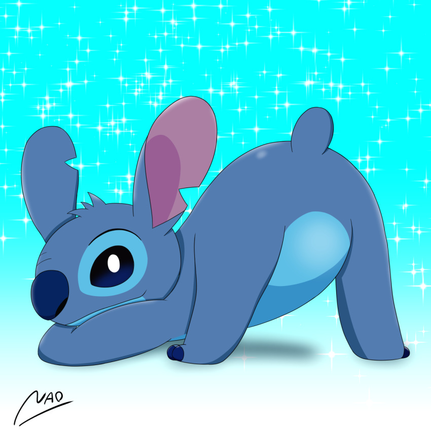 2022 alien ambiguous_gender blue_body blue_eyes blue_fur blue_nose claws digital_media_(artwork) disney experiment_(lilo_and_stitch) featureless_crotch fur gradient_background head_tuft hi_res jack-o'_pose kitsune_nao lilo_and_stitch looking_at_viewer looking_back looking_back_at_viewer notched_ear pose pupils signature simple_background solo sparkles stitch_(lilo_and_stitch) toe_claws tuft white_pupils