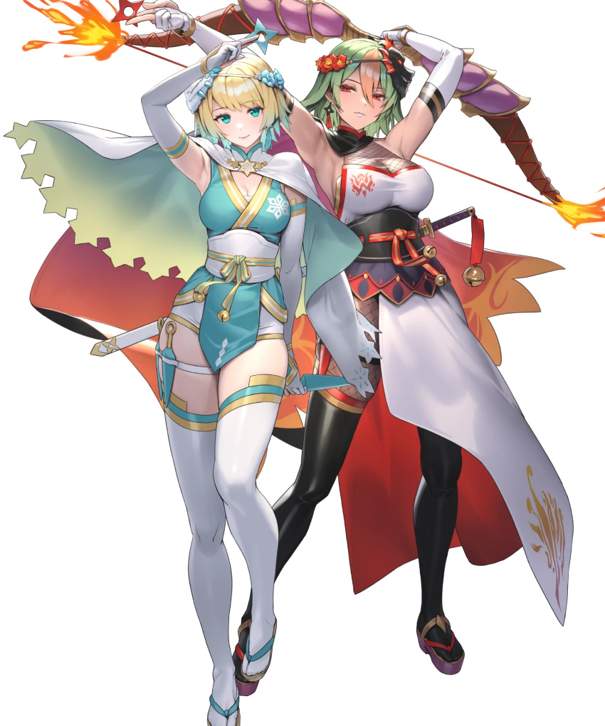 2girls bangs blonde_hair blue_eyes bow_(weapon) capelet cuboon dark-skinned_female dark_skin elbow_gloves fire_emblem fire_emblem_heroes fishnets fjorm_(fire_emblem) full_body gloves gradient gradient_clothes gradient_hair grey_hair highres japanese_clothes kodachi kunai laegjarn_(fire_emblem) mask mask_on_head multicolored_hair multiple_girls ninja non-web_source obi official_art orange_hair red_eyes sandals sash sheath sheathed shiny shiny_hair short_hair short_sword sleeveless sword thighhighs transparent_background two-tone_hair weapon