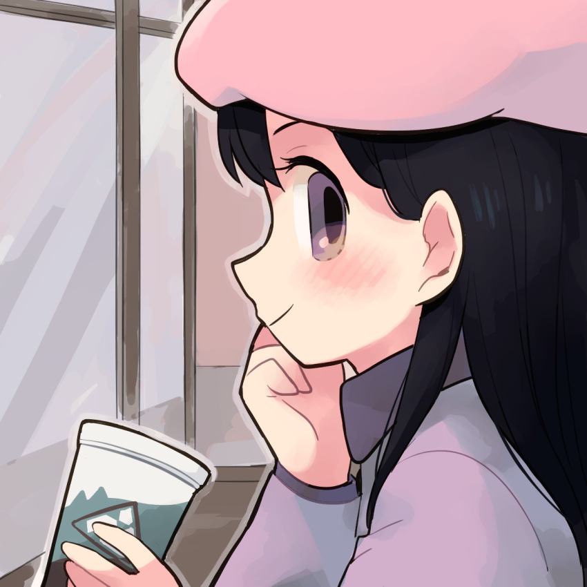 1girl animification black_hair cup disposable_cup from_side hat highres pink_headwear profile purple_eyes smile solo south_park tsunoji upper_body wendy_testaburger window